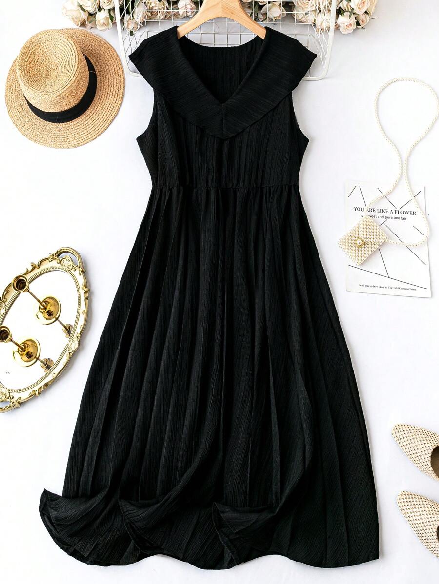 Celure Talla grande Vestido con cinturón unicolor - Negro - Ver 1