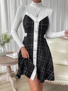 Chiquease In kẻ sọc Nút phía trước Váy Dây Không có áo len - màu đen - Xem 4