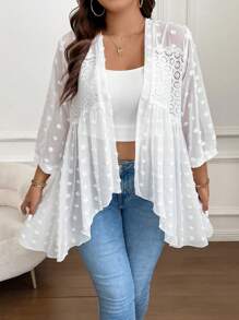 SHEIN Clasi Talla grande Abrigo de lunares con parte delantera abierta transparente de gasa - Blanco - Ver 1