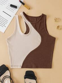 SHEIN EZwear 大碼雙色鏤空不對稱領上衣 - 棕色 - 查看 1