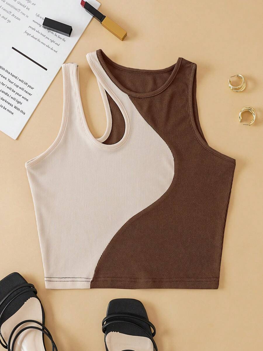 SHEIN EZwear 大碼雙色鏤空不對稱領上衣 - 棕色 - 查看 1