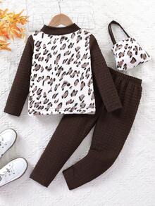 SHEIN Young Girl Leopard Pattern Tee & Pants & Bag - Coffee Brown - View 2