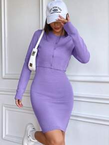 SHEIN Unity Chất rắn Váy len yếm & Nút phía trước Áo len Mở - Màu tím - Xem 7