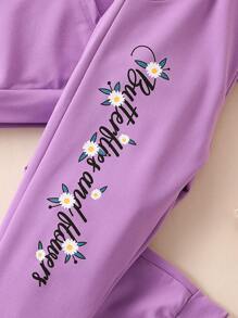 SHEIN 女小童花卉和蝴蝶圖案連帽衫和運動褲 - 紫色 - 查看 6