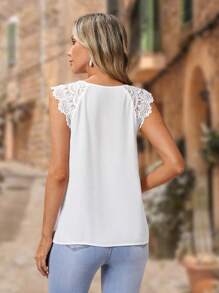 EMERY ROSE Keyhole Neck Guipure Lace Panel Blouse - White - View 2