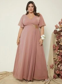 SHEIN Belle Plus 1pc Appliques Detail Butterfly Sleeve Chiffon Bridesmaid Dress - Dusty Pink - View 2