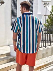 Genlund Men's Plus Size Loose-Fit Striped Print Shirt & Shorts Set - Blue - View 2