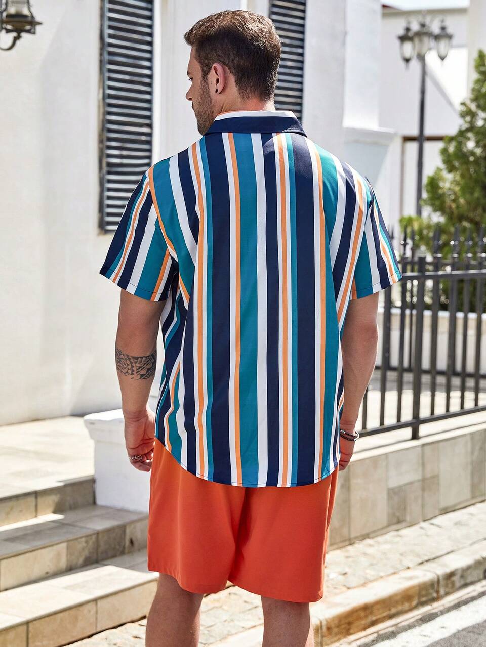 Men's Plus Size Loose-Fit Striped Print Shirt & Shorts Set