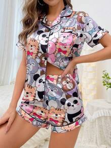 Cartoon Graphic Contrast Piping PJ Set / Pajama Set - Multicolor - View 4