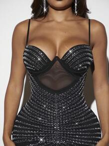 SHEIN SXY Rhinestone Detail Mesh Insert Bustier Cami Bodycon Dress - Black - View 5