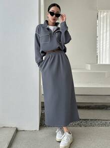 DAZY Contrast Piping Drop Shoulder Half Zip Sweatshirt & Skirt,Women Two Pieces Sets Fall,Winter Lounge Sets For Women - Grey - View 5