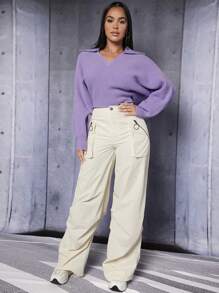 SHEIN PETITE 素色蝙蝠袖短款毛衣 - 紫丁香色 - 查看 3