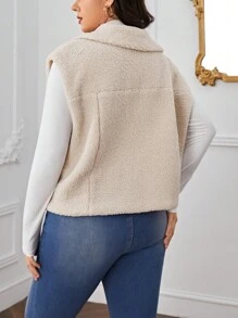 SHEIN Essnce Hơn Túi có nắp Teddy Áo khoác vest - Màu be - Xem 2