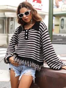 Lunelith SHEIN Lunessa Jersey con patrón de rayas de hombros caídos bajo con fleco