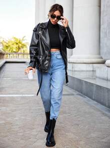 SHEIN Essnce Zip Up Patent Moto Jacket - Black - View 1