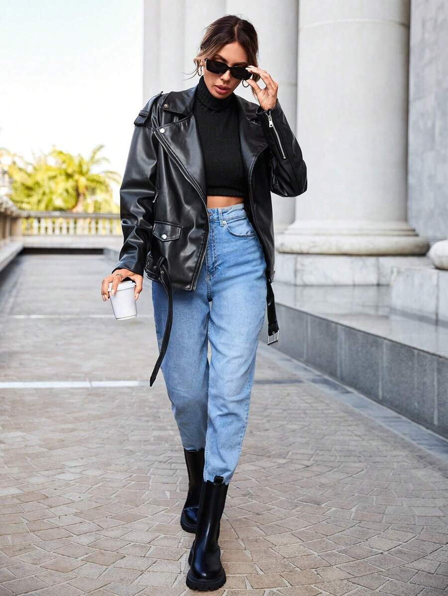 SHEIN Essnce Zip Up Patent Moto Jacket - Black - View 1