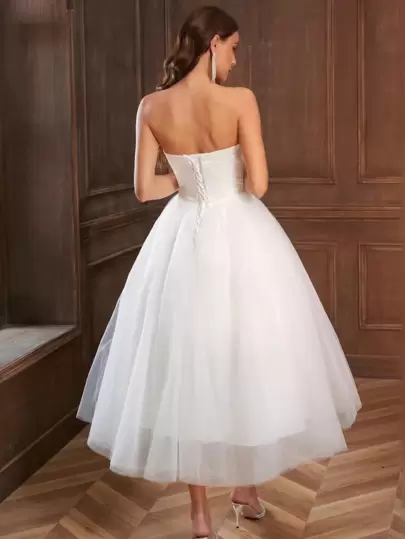 YUMIBRAVO Váy cưới ngắn bằng satin và voan, kiểu dáng thanh lịch mùa xuân màu trắng dành cho cô dâu.