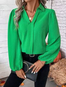 SHEIN LUNE Solid Lantern Sleeve Blouse - Green - View 5