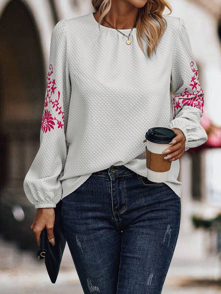 SHEIN LUNE הדפס פרחוני שרוול עששית חולצות - בז' - ראה 1