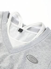 SHEIN EZwear 休閒貼布 假兩件/解構式字母大碼運動衫 - 灰色 - 查看 5
