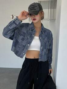 DAZY In chắp vá Thả vai Cắt sửa áo khoác Jacket - Rửa trung bình - Xem 5
