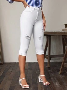 高腰破洞緊身七分牛仔褲 - 白色 - 查看 4