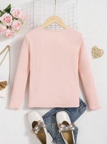 SHEIN Tween Girl Solid Lettuce Trim Tee - Baby Pink - View 3