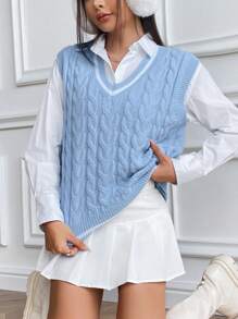 SHEIN Qutie 1pc Striped Trim Cable Knit Sweater Vest - Blue and White - View 3