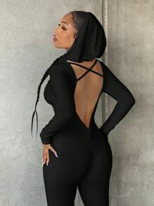 SHEIN SXY 素色交叉露背連帽彈力緊身連體褲 - 黑色 - 查看 7