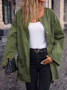 SHEIN LUNE Women Coats Kantong Tombol Depan Plain Casual - Hijau Tentara - View 1