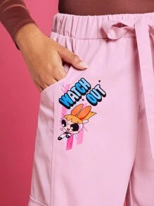 THE POWERPUFF GIRLS X SHEIN 字母圖案側翻蓋口袋工裝褲 - 粉色 - 查看 8