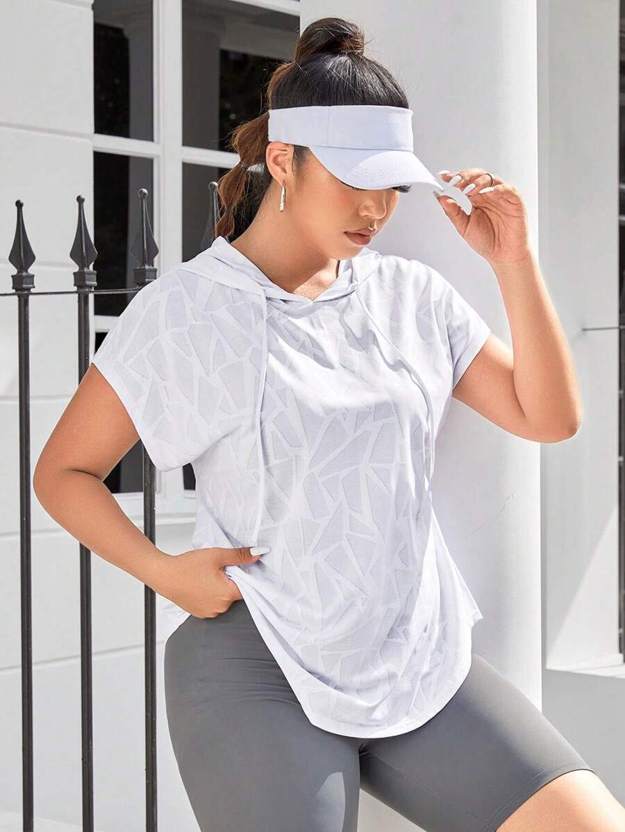 Easithlete 大碼幾何印花蝙蝠袖抽繩連帽運動衛衣 - 白色 - 查看 1