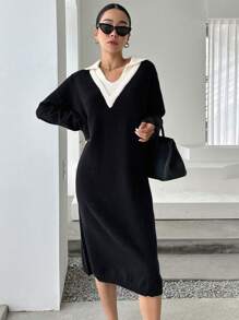 DAZY Panel Tương phản Thả vai Đầm Áo len - màu đen - Xem 1