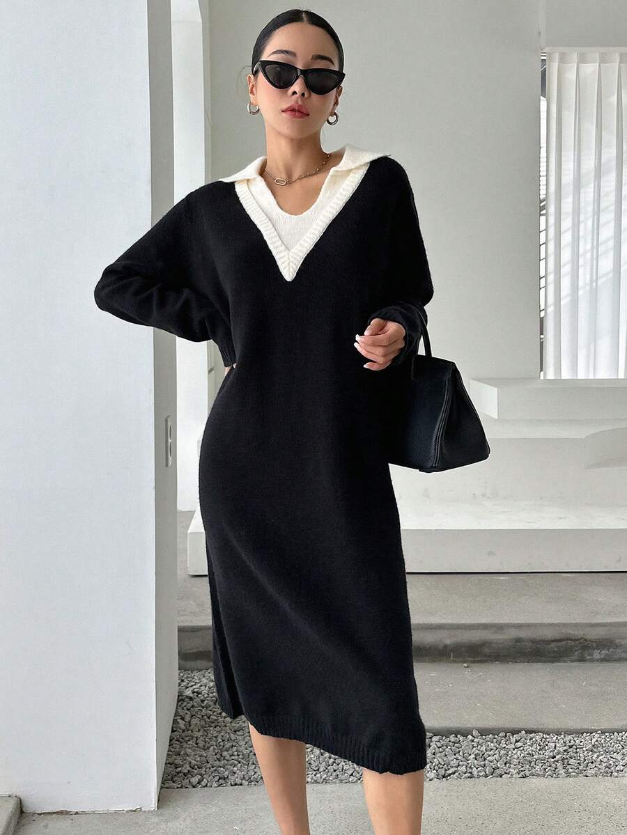 DAZY Panel Tương phản Thả vai Đầm Áo len - màu đen - Xem 1