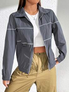SHEIN Unity Contrast Piping Zip Up Windbreaker Jacket - Dark Grey - View 4