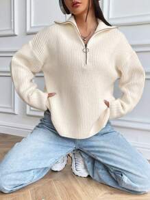 Flirla Half Zip Ribbed Knit Drop Shoulder Sweater,Long Sleeve Tops Knit Pullover Fall Winter Sweater - Apricot - View 7