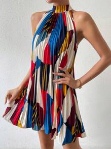 SHEIN VCAY 幾何印花繞頸百褶洋裝 - 彩色 - 查看 3