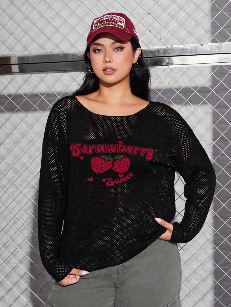 Plus 1pc Letter & Strawberry Pattern Drop Shoulder Sweater