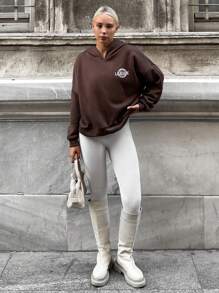 字母圖案落肩袖連帽衫 - 棕色 - 查看 6