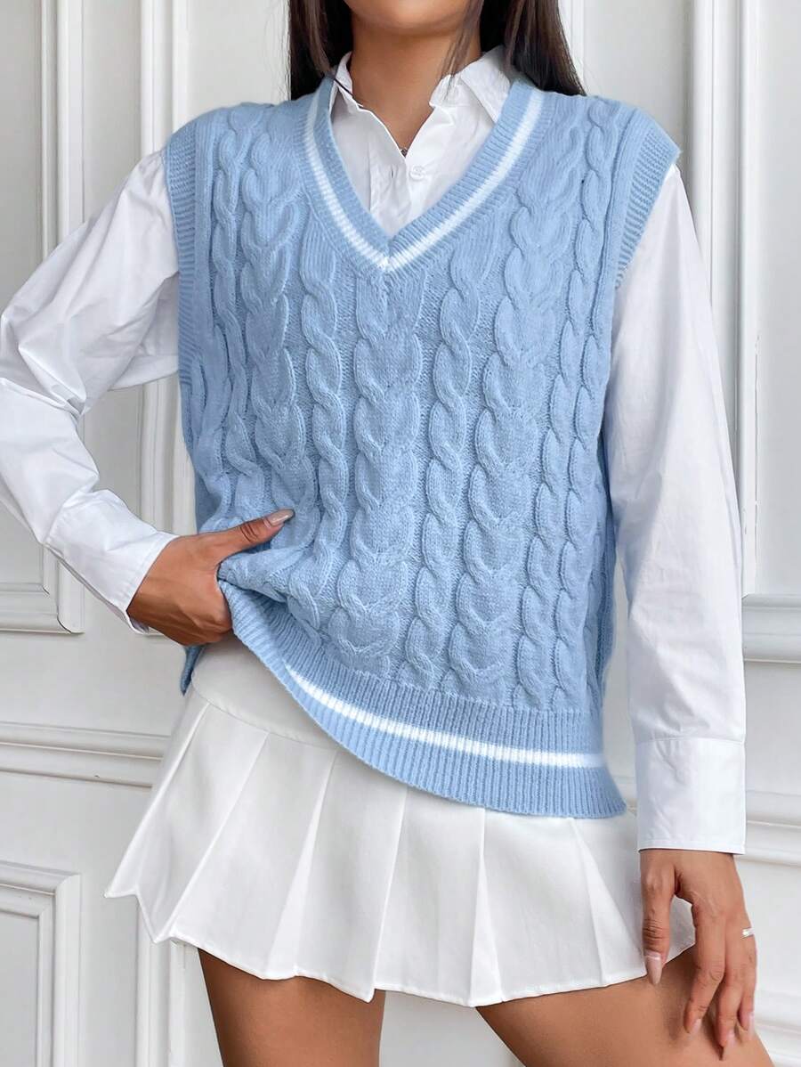 SHEIN Qutie 1pc Striped Trim Cable Knit Sweater Vest - Blue and White - View 1