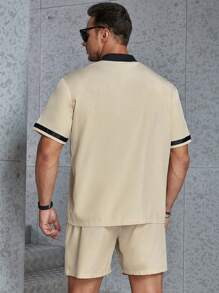 Manfinity Homme 男士大码字母圖案拼接邊襯衫&短褲 - 卡其色 - 查看 2