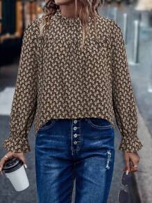 SHEIN LUNE Allover Print Flare Sleeve Blouse