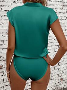 SHEIN Clasi Solid Draped Collar Satin Bodysuit - Green - View 2
