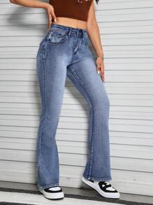 SHEIN PETITE Mid Waist Flare Leg Jeans - Medium Wash - View 4