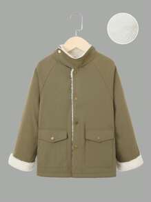 SHEIN Tween Boy Flap Pocket Raglan Sleeve Thermal Lined Coat - Army Green - View 1