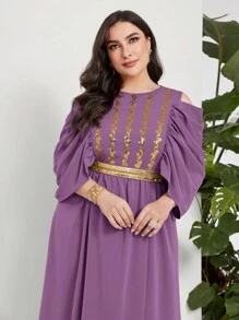 Modelyn Plus Contrast Sequin Detail Cold Shoulder Ruched Sleeve Dress Long Evening Dresses