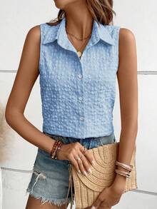 Breezaya Solid Jacquard Button Front Shirt - Blue - View 4