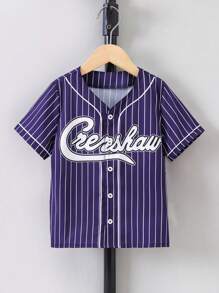 SHEIN Young Boy Striped & Letter Graphic Shirt - Navy Blue - View 1