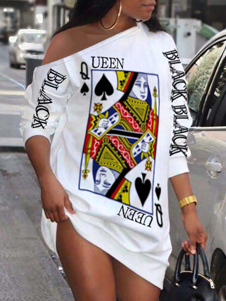 Playing Card Print Asymmetrical Neck Drop Shoulder Sweatshirt Dress - White - View 1