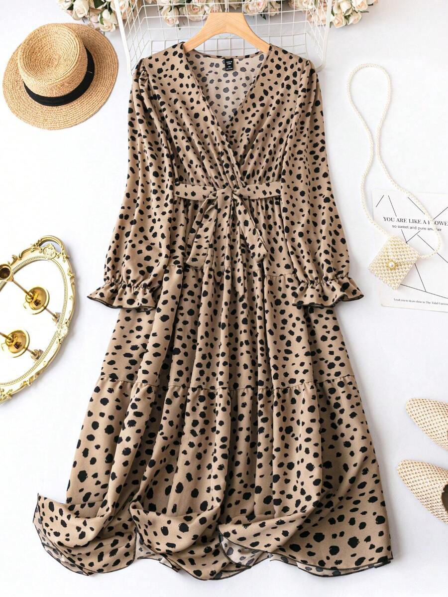 SHEIN Clasi Plus Dalmatian Print Flare Sleeve Ruffle Hem Belted Dress - Coffee Brown - View 1